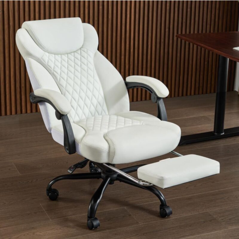Amseatec ergonomic office chair in white with foot rest and lumbar support