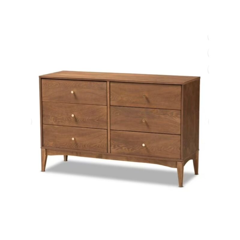 Baxton 6 drawer dresser in ash walnut with gold metal knobs