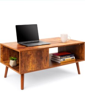 Laurel solid wood coffee table in rustic brown finish with storage shelf