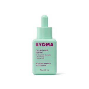 BYOMA clarifying serum in clear bottle with blue label