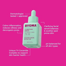 BYOMA clarifying serum in clear bottle with blue label