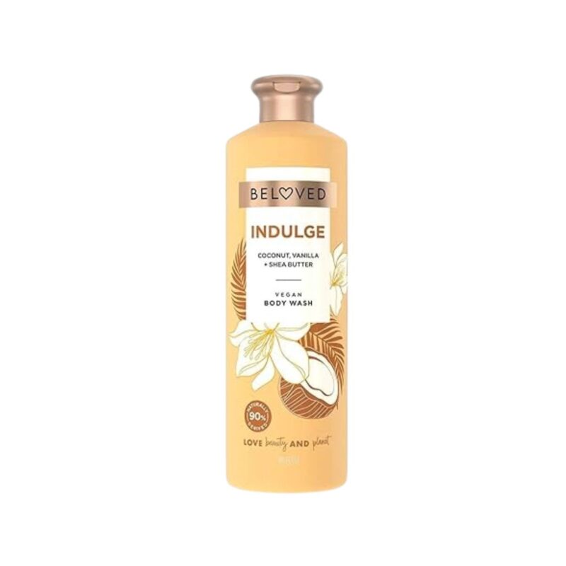 Beloved vegan body wash with coconut, vanilla and shea butter in white bottle