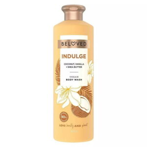 Beloved vegan body wash with coconut, vanilla and shea butter in white bottle