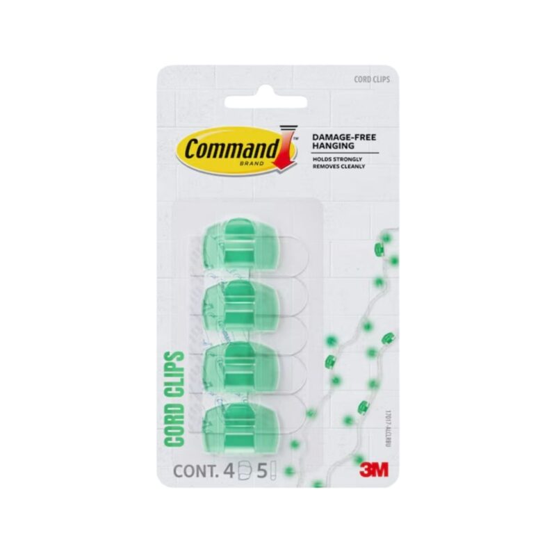 Command clear cord clips in green with adhesive strips