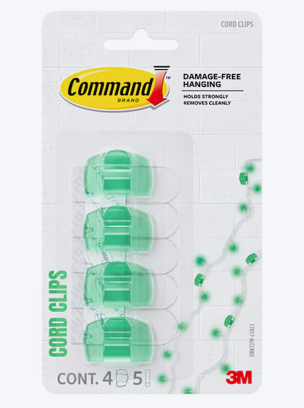 Command clear cord clips in green with adhesive strips