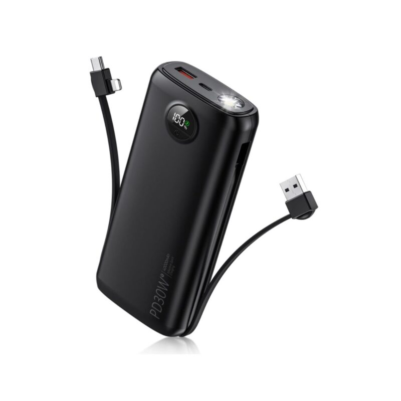 Portable portable charger in black with built-in cables and flashlight