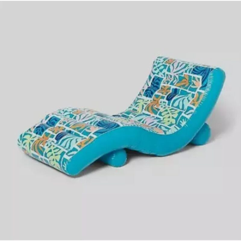 Inflatable inflatable chaise lounger in vibrant blue with cup holder floating