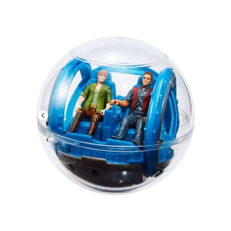 Jurassic gyrosphere rc vehicle in sleek design with Claire Dearing and Owen Grady figures