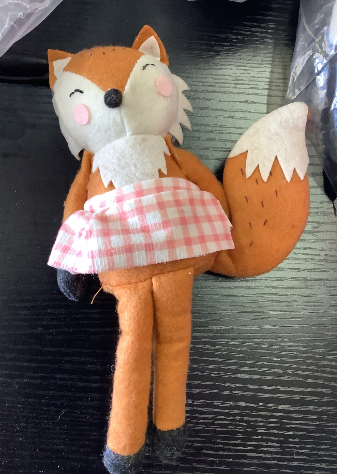 Felicity plush fabric doll in soft felt with pink gingham skirt