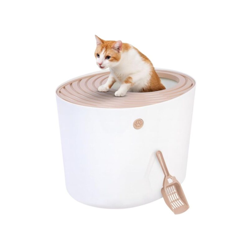 Iris top entry cat litter box in white beige finish