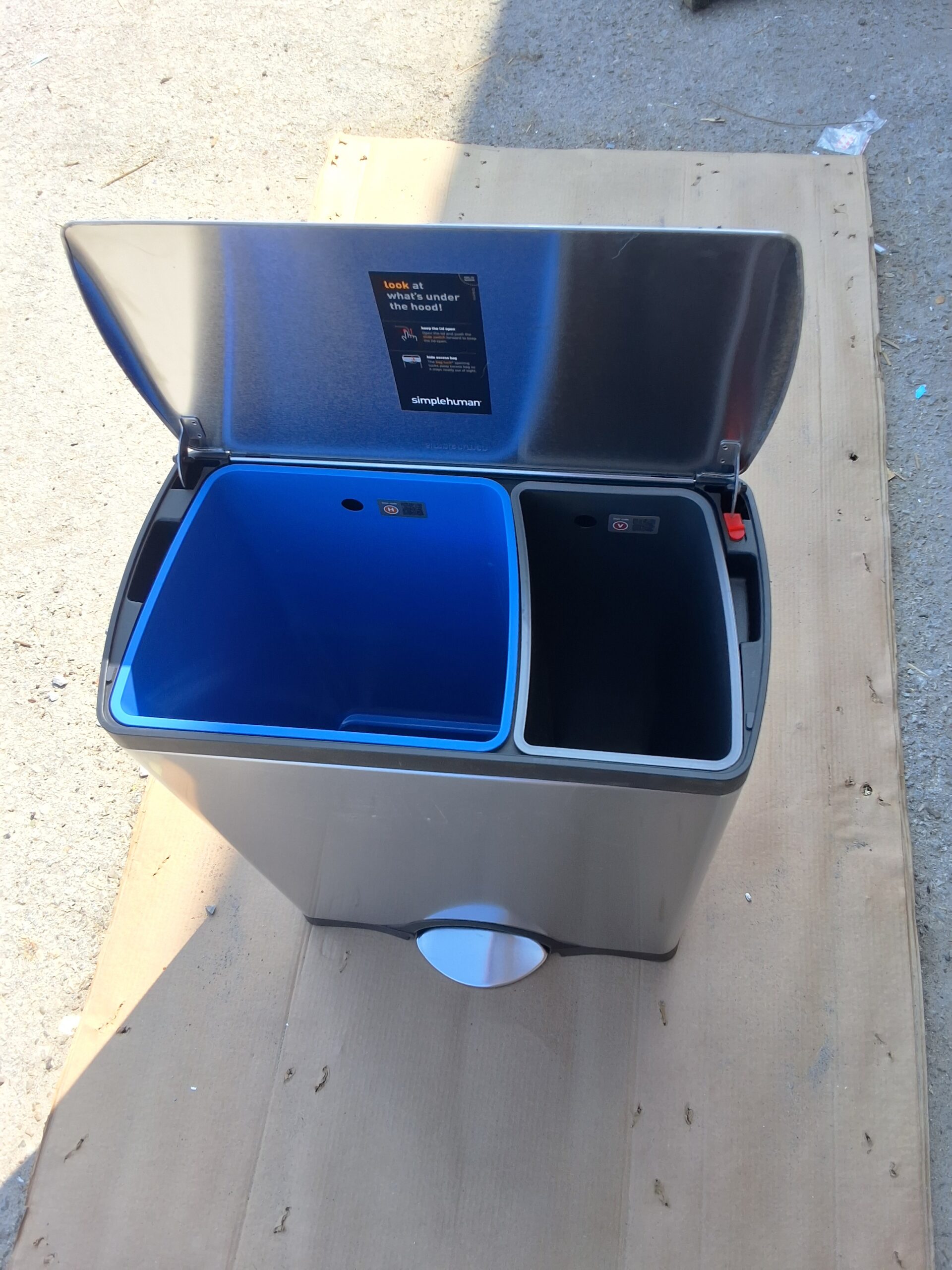 Simplehuman stainless steel trash can in brushed rectangular dual compartment design