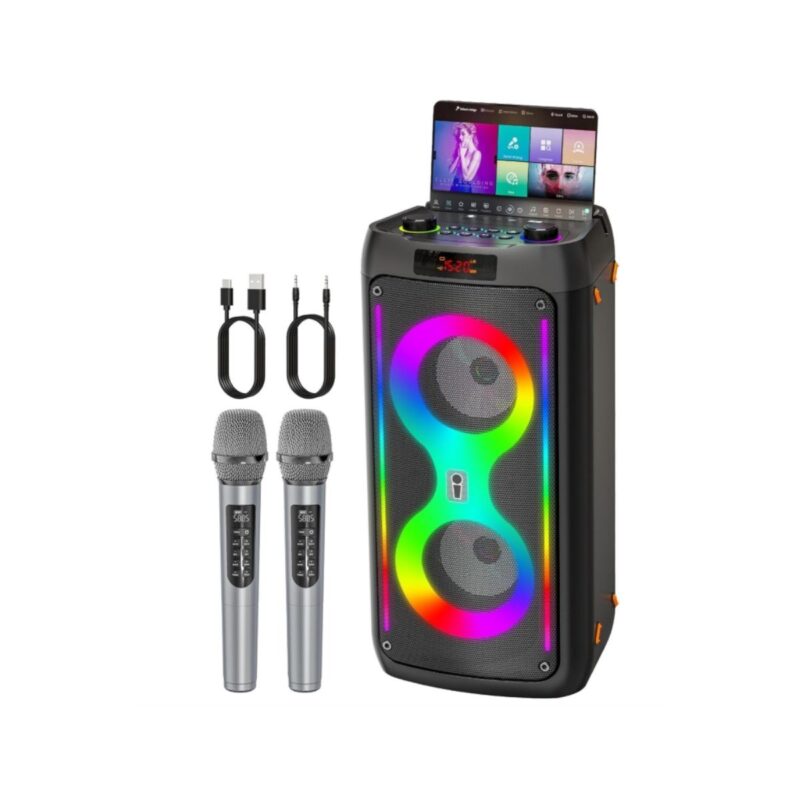 JAPOUCA karaoke machine with 2 wireless microphones and disco lights