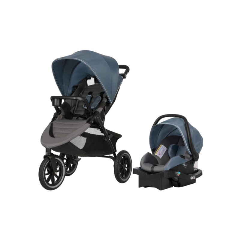 Evenflo stroll and jog travel system in skyline blue with large pneumatic tires