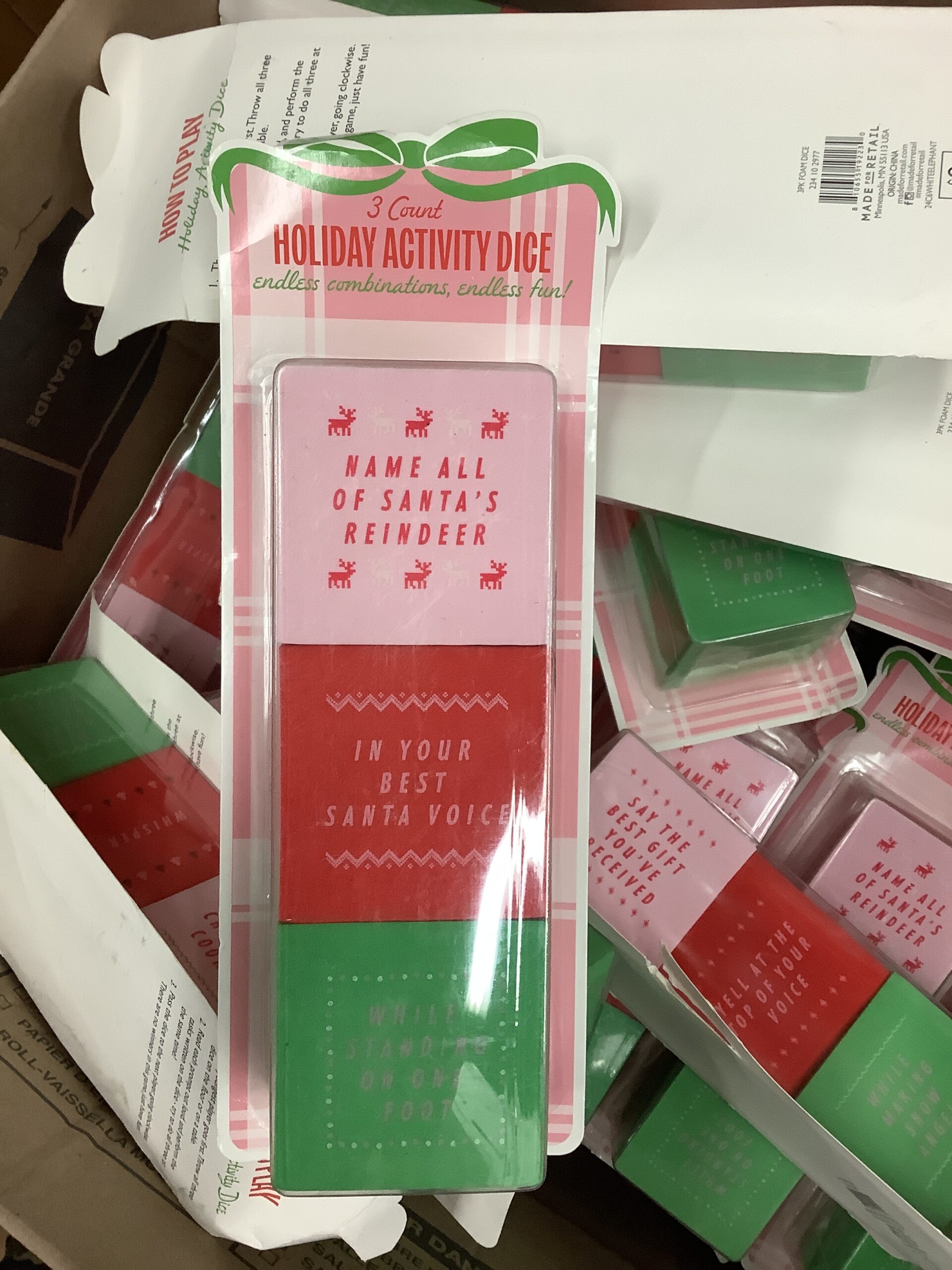 3 holiday activity dice in festive colourful style