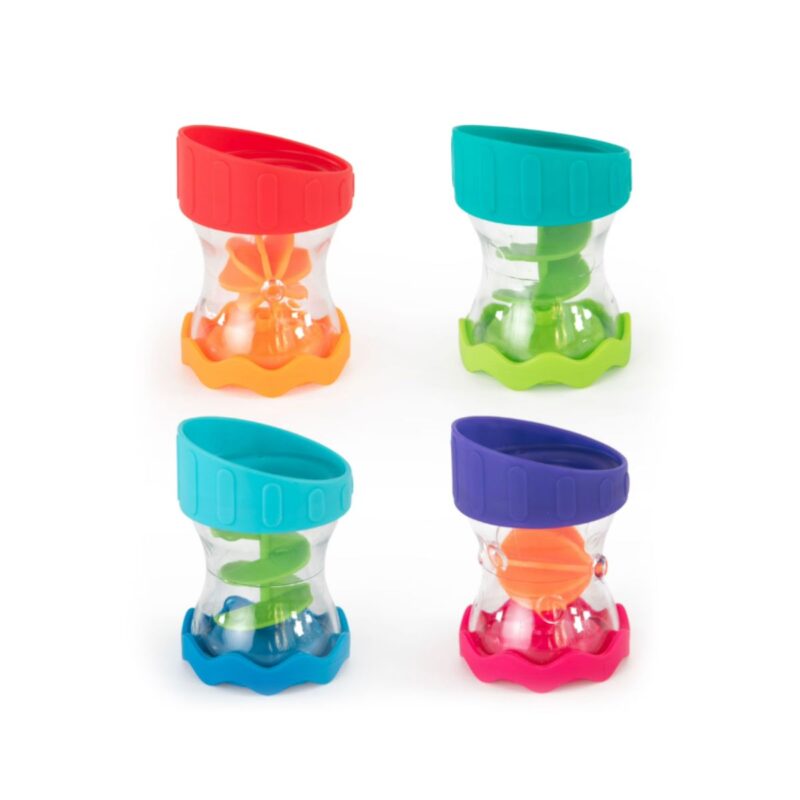Sassy bath toy set with bright spinners and waterworks tubes