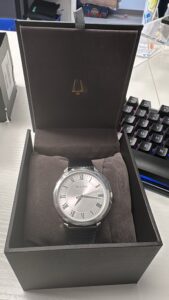 Bulova classic quartz watch in silver-tone with black leather strap