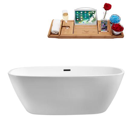 Streamline freestanding soaking bathtub in glossy white with matte black drain