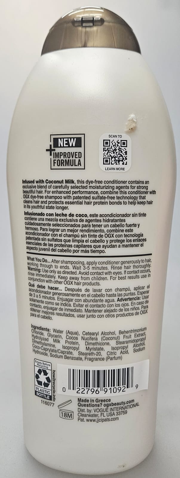 OGX nourishing conditioner in coconut milk formula bottle