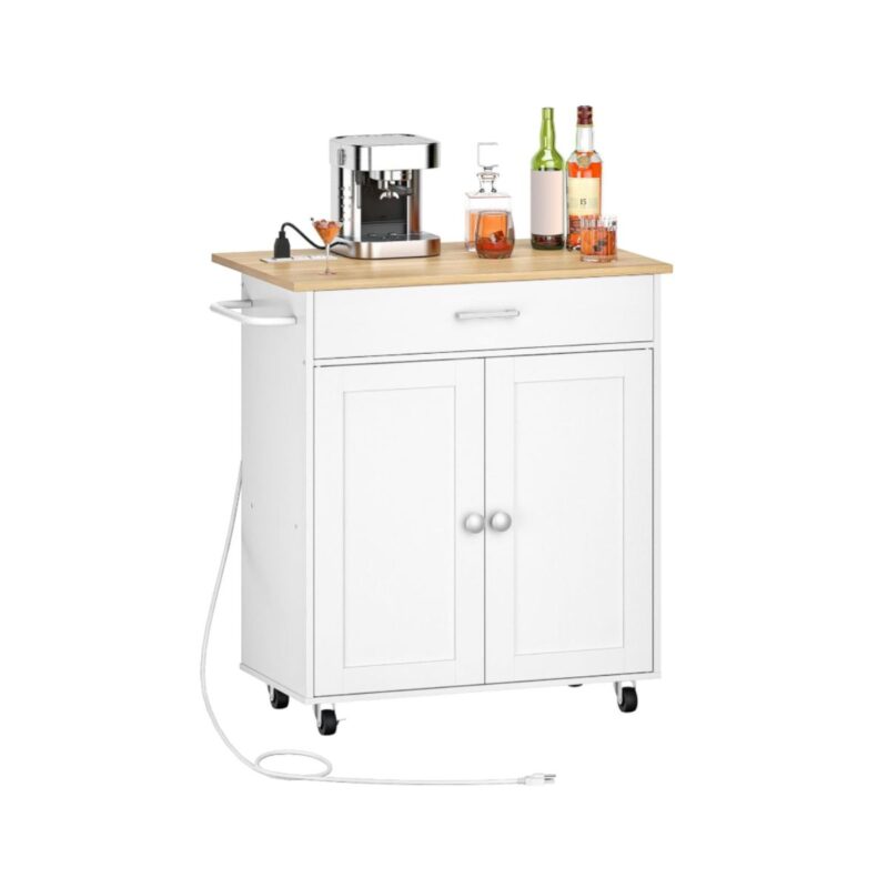 CHOEZON kitchen island cart with double cabinet and power strip in white and natural finish