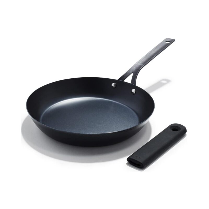 OXO Obsidian 10 inch carbon steel frying pan with removable silicone handle in black