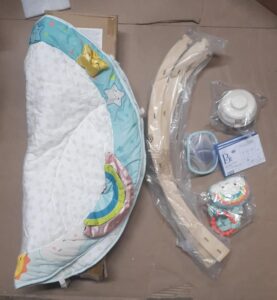 B. toys wooden baby gym and soft play mat with hanging sensory toys