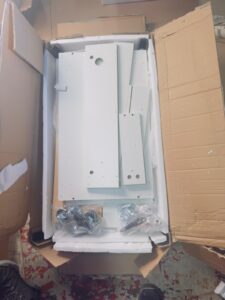 CHOEZON kitchen island cart with double cabinet and power strip in white and natural finish