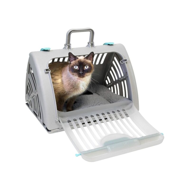 SportPet Designs foldable travel cat carrier in gray with waterproof bed