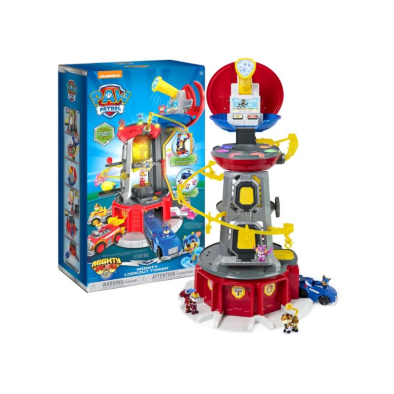 PAW Patrol mighty lookout tower toy with exclusive bonus action figures in colorful design