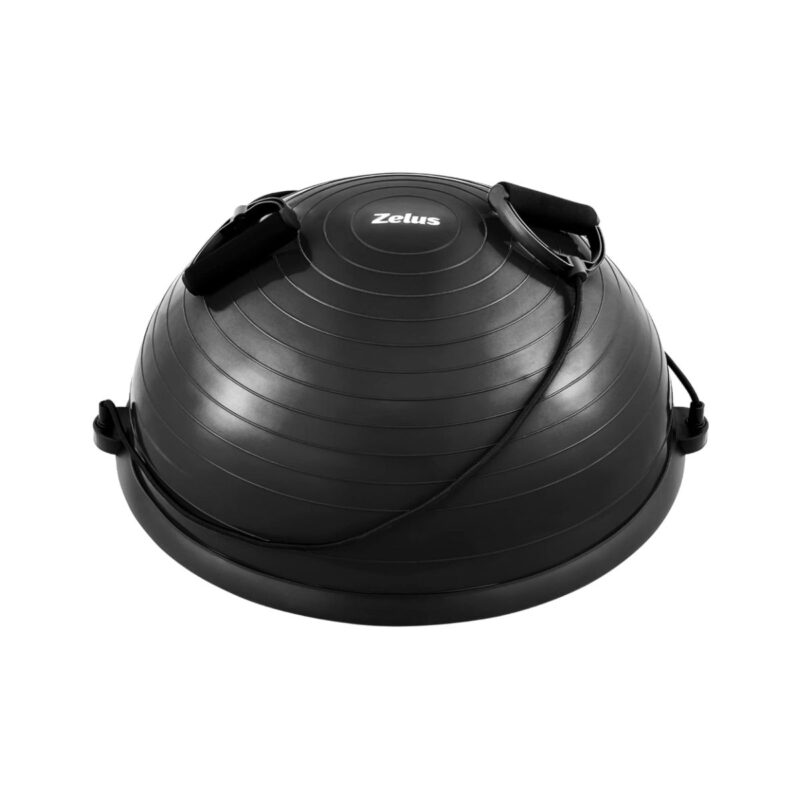 ZELUS balance ball trainer in black with resistance bands and foot pump