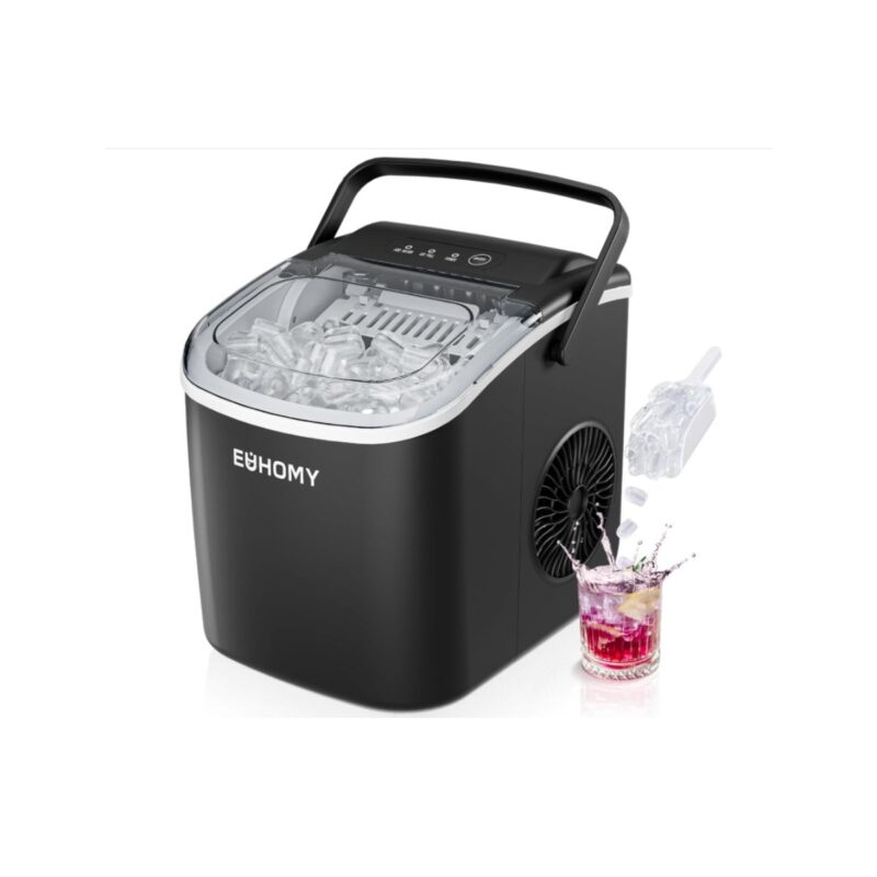 Euhomy countertop ice maker in black with handle and ice basket