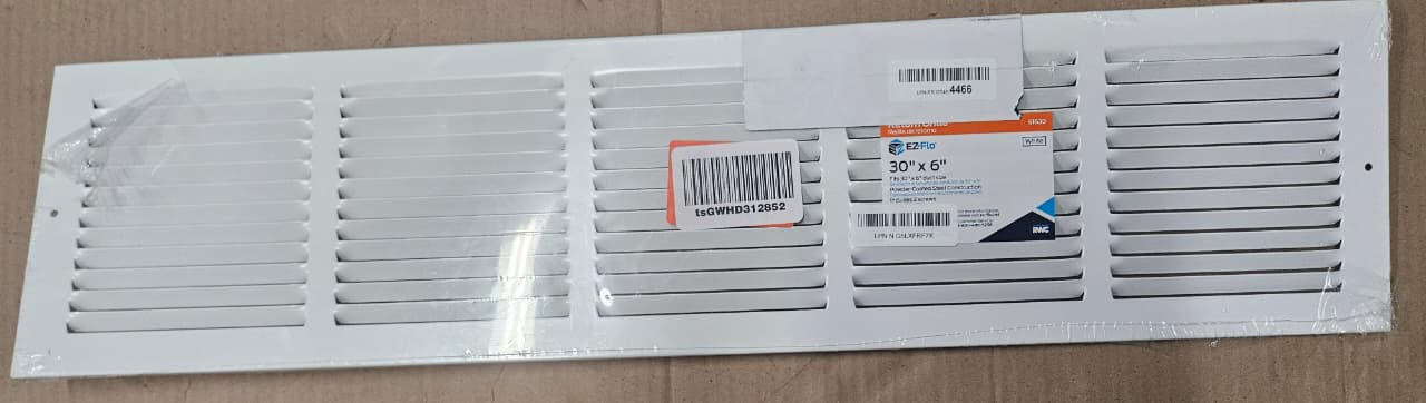 EZ-FLO return air grille 30 by 6 inches in white finish