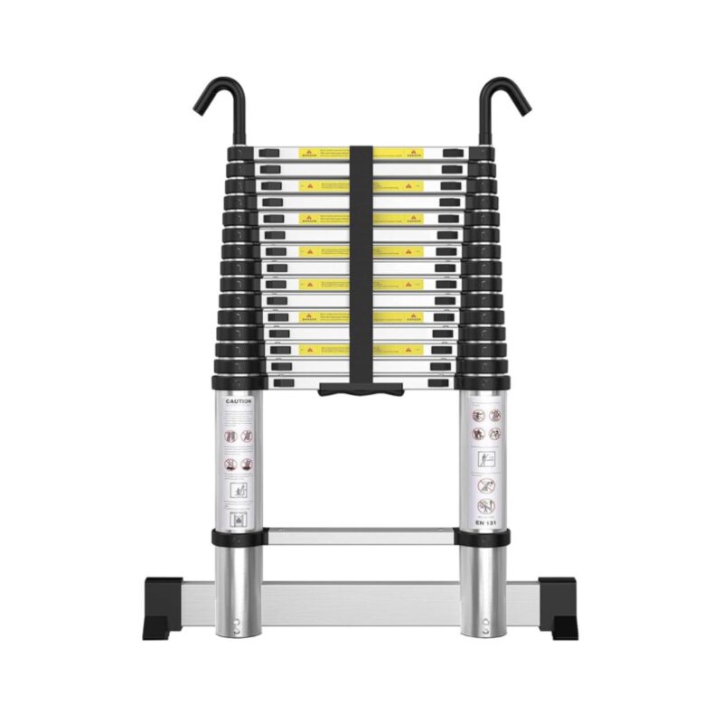 Treemoo telescopic ladder in silver with hooks and stabilizer for home and professional use