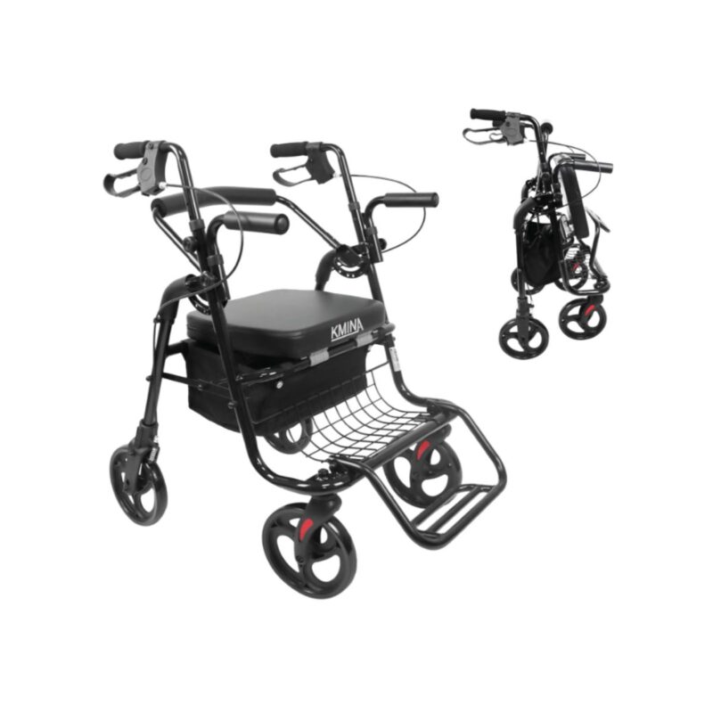 KMINA folding rollator walker in black with adjustable seat and walking aid
