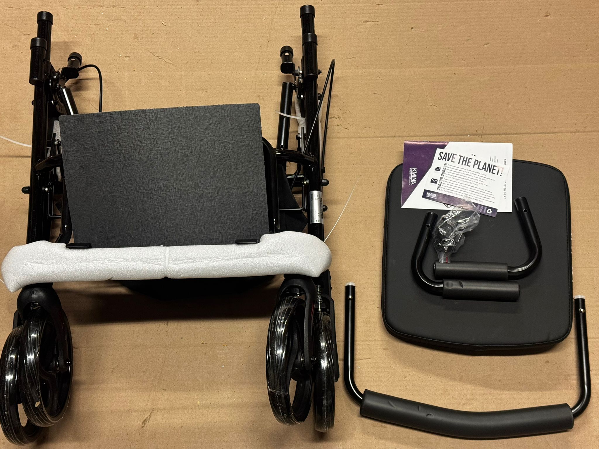 KMINA folding rollator walker in black with adjustable seat and walking aid