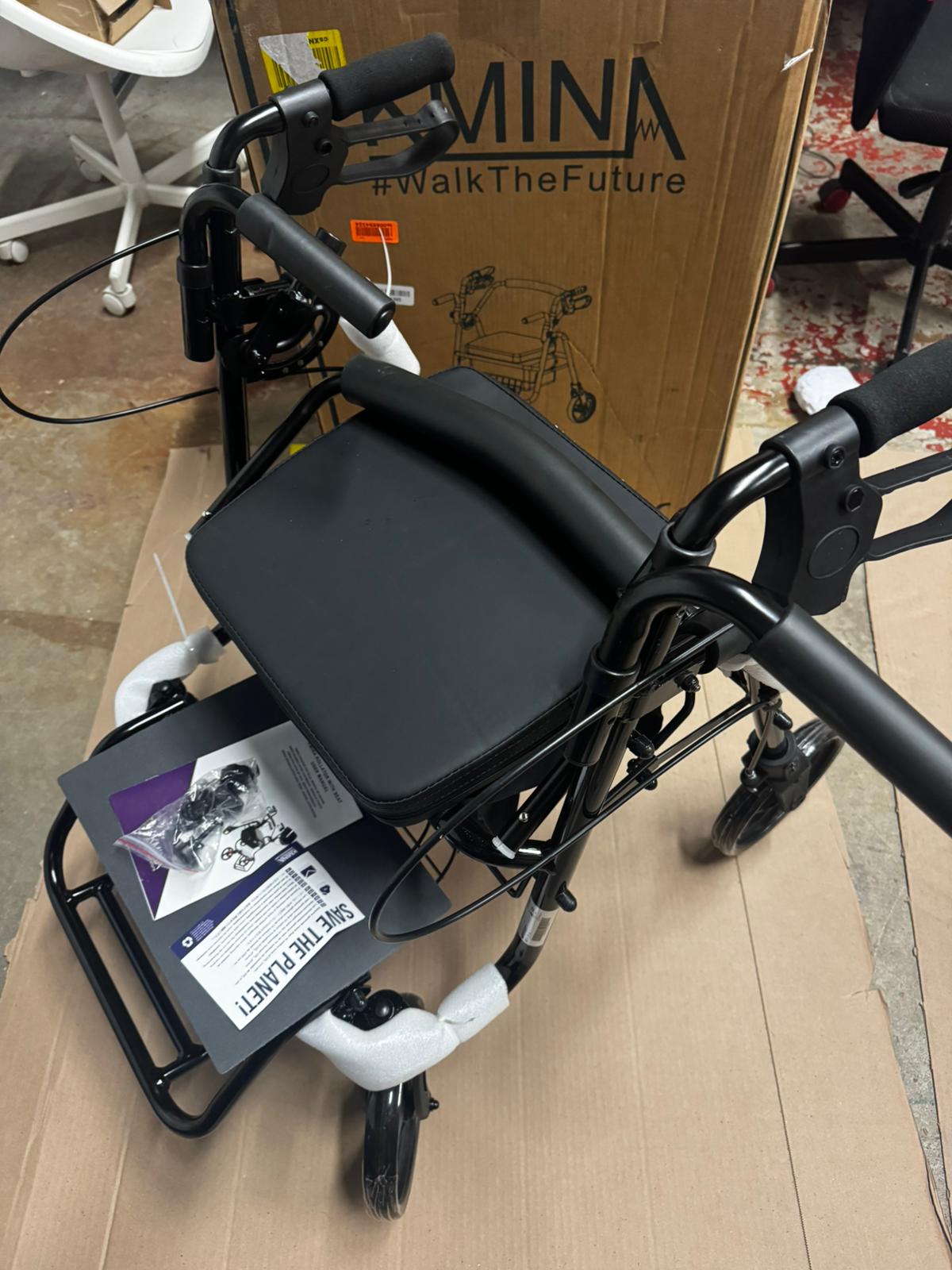 KMINA folding rollator walker in black with adjustable seat and walking aid