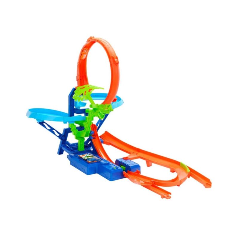 Hot Wheels toy car track set with motorized booster and stunt features
