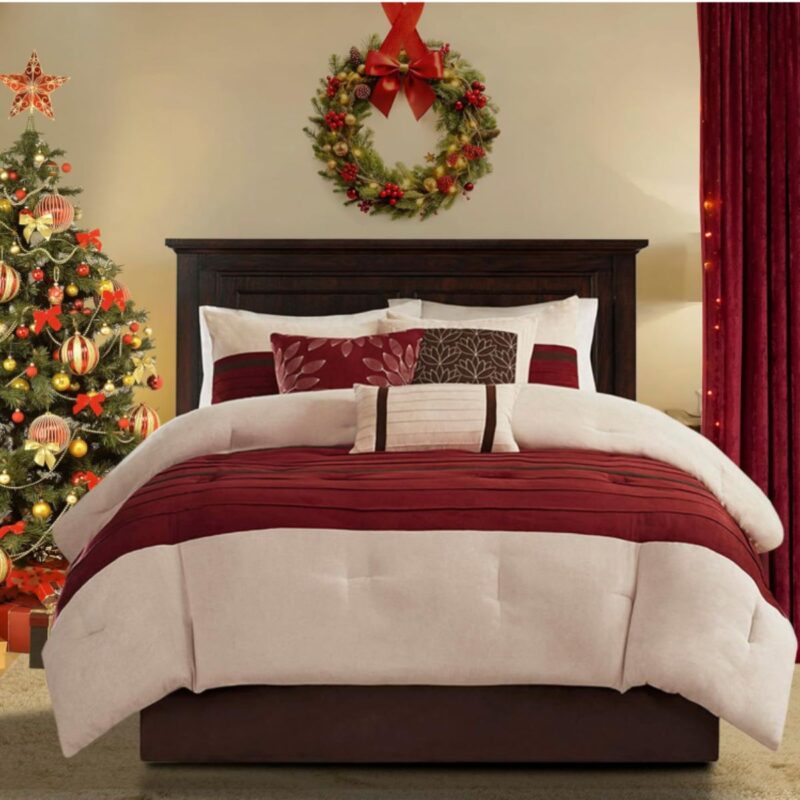 Madison Park cozy comforter set in red with luxury faux suede design and striped accent