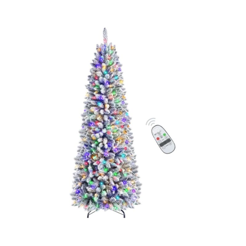 SHareconn prelit pencil christmas tree with multi-color RGB lights in flocked green