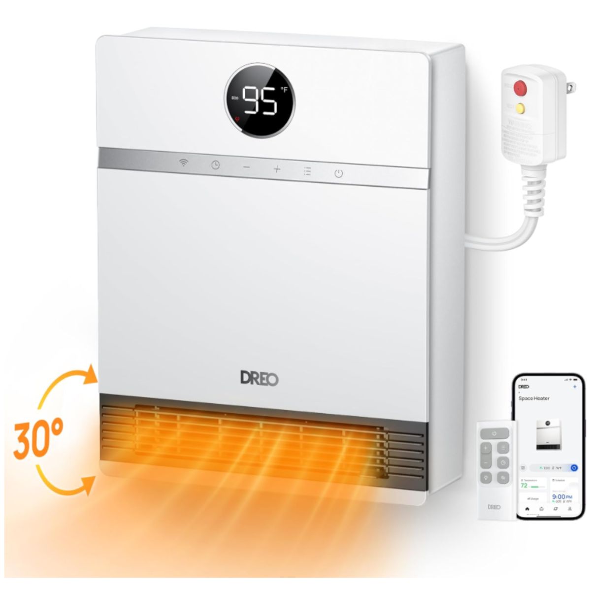 Smart Wall Heater - Dreo Electric Indoor Heater Dreo smart wall heater in white with remote control and adjustable thermostat