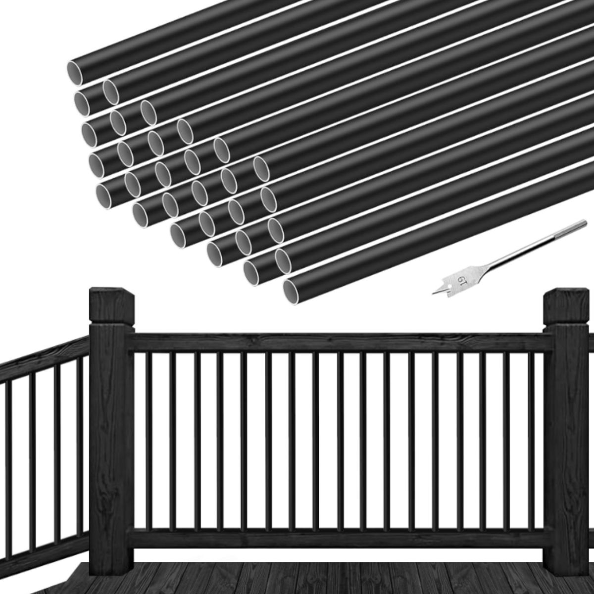Aluminum Deck Railing Balusters - Andorm Black 36 inch Andorm aluminum deck railing balusters in black with drill bit