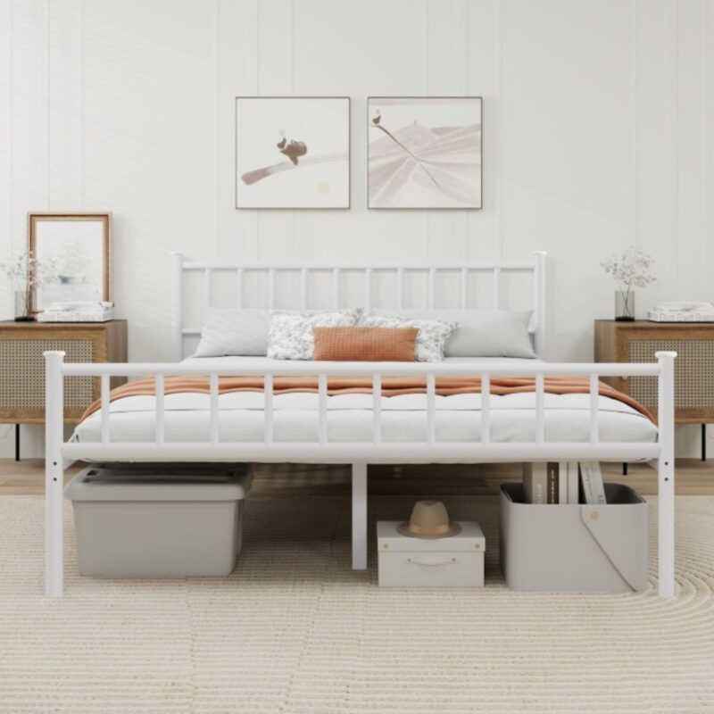 WJORATA metal platform bed frame in white with headboard and steel slats