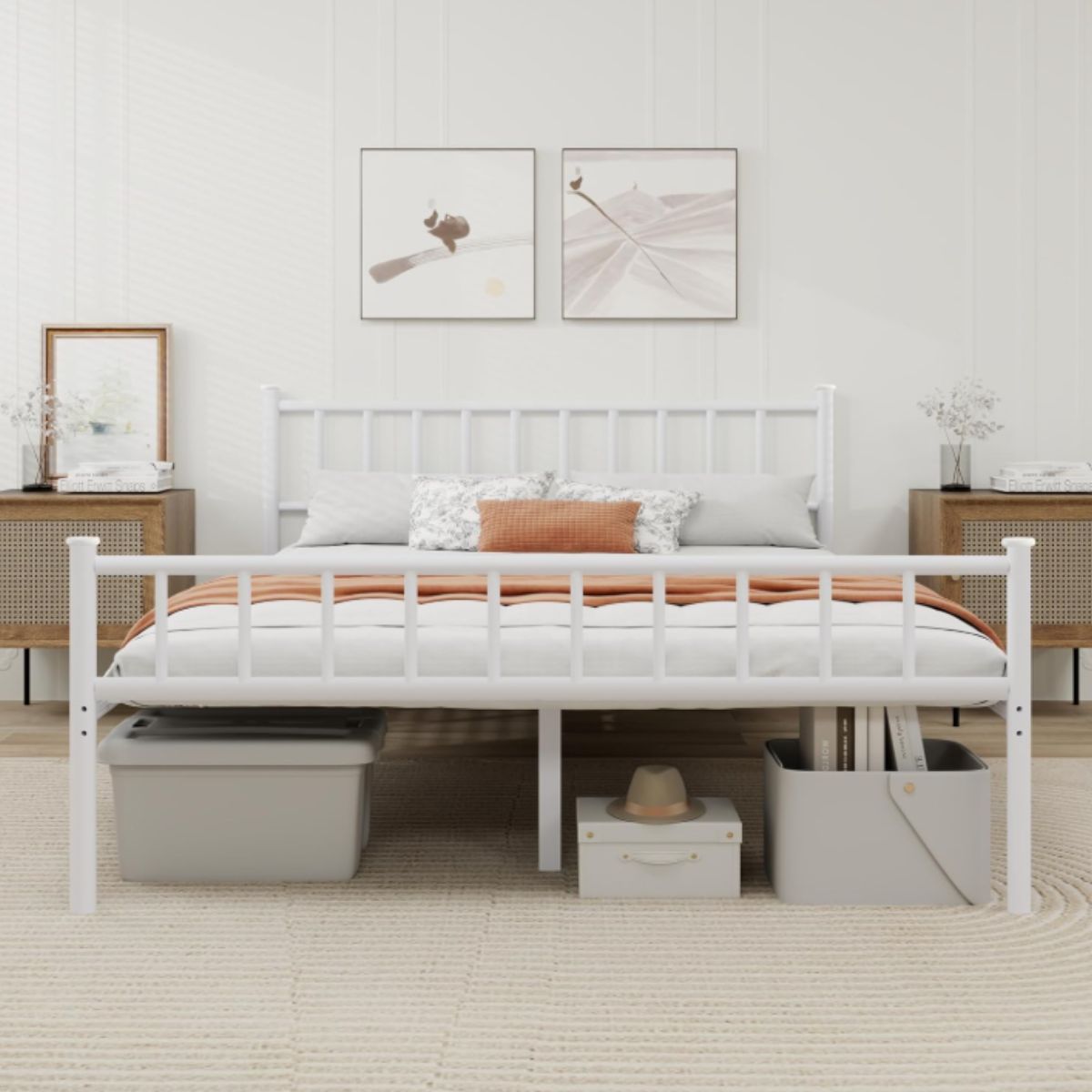 Metal Platform Bed Frame - WJORATA White WJORATA metal platform bed frame in white with headboard and steel slats