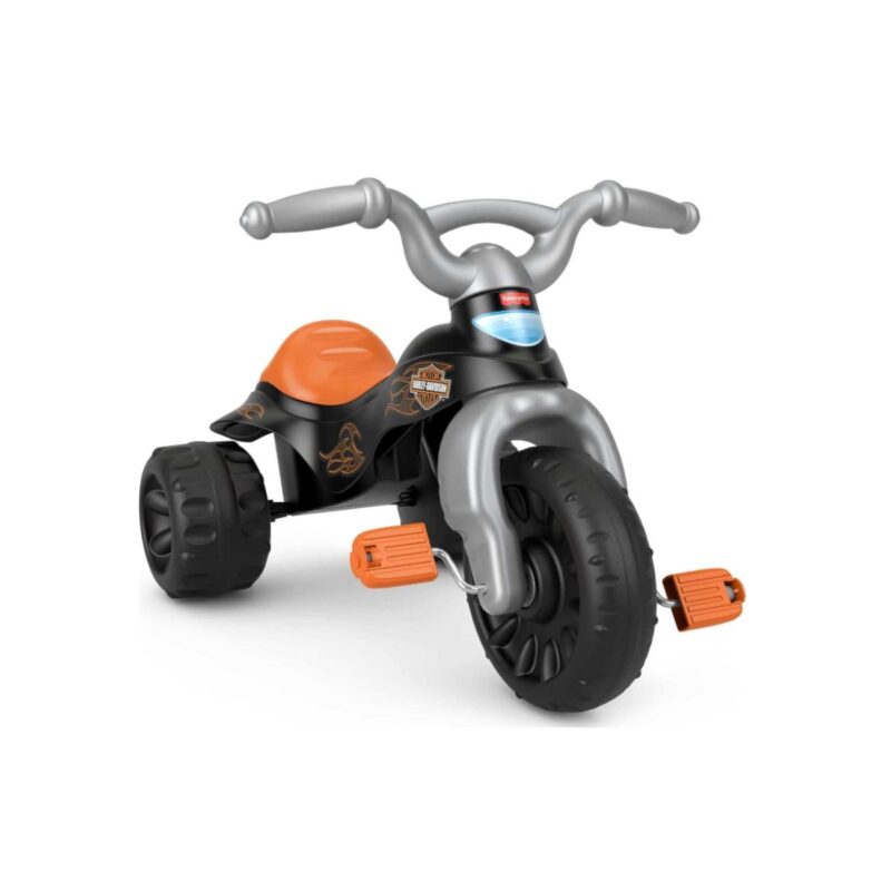 Fisher-Price toddler tricycle in Harley-Davidson design with handlebar grips and storage