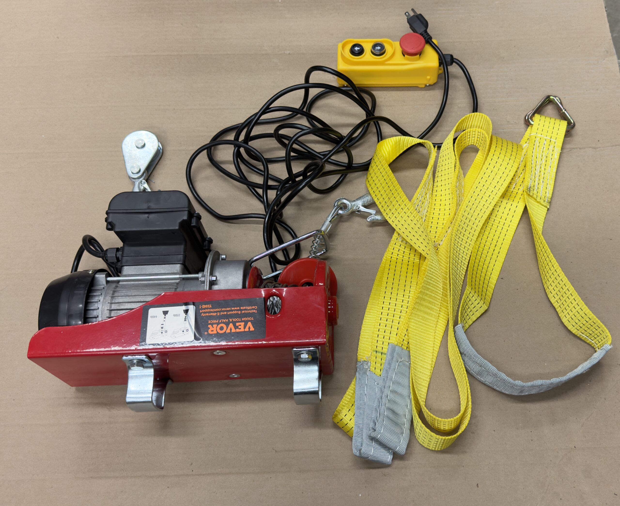 VEVOR electric hoist with 14ft wired remote control and 40ft cable in industrial setting