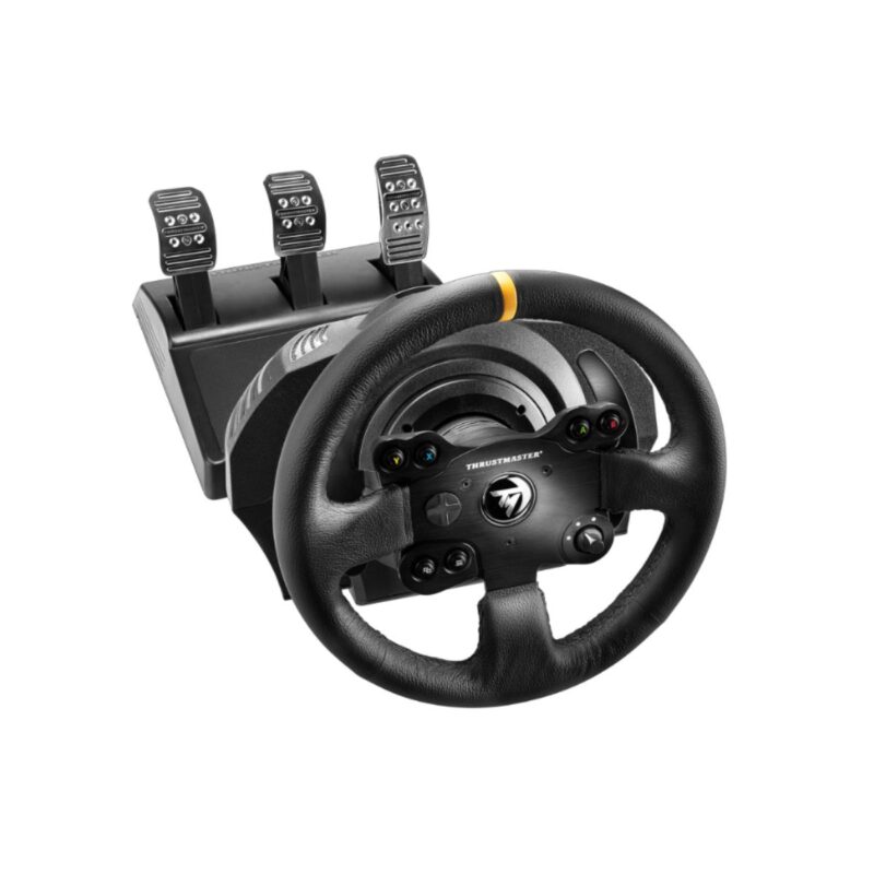 Thrustmaster sim racing wheel in detailed leather finish