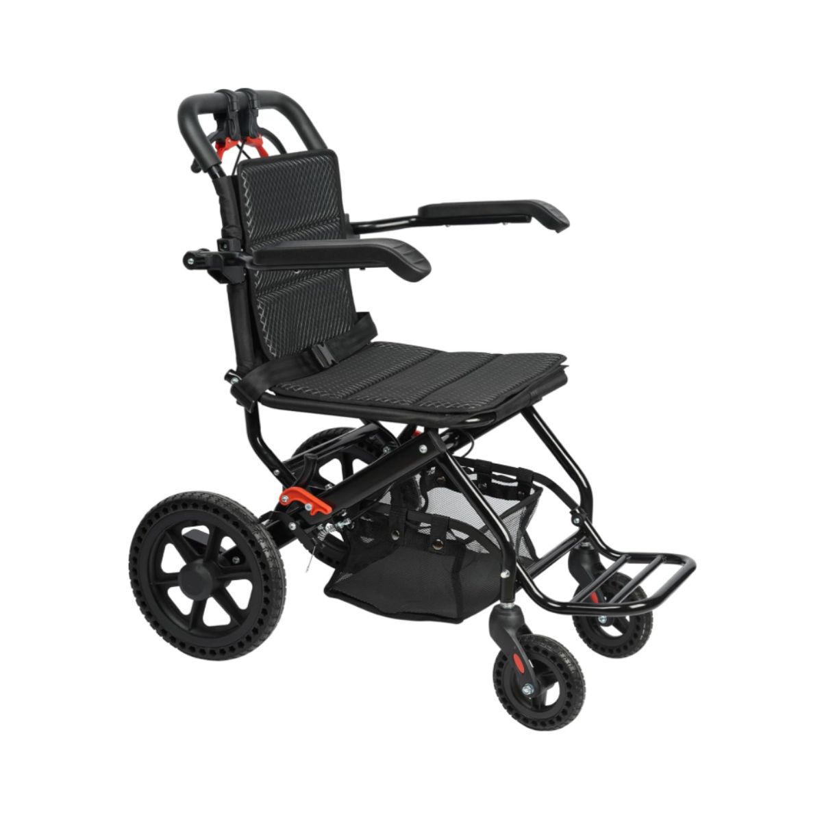 Portable Aluminum Transport Wheelchair - KT THERMO Lightweight KT THERMO portable aluminum transport wheelchair with string bag and locking hand brakes