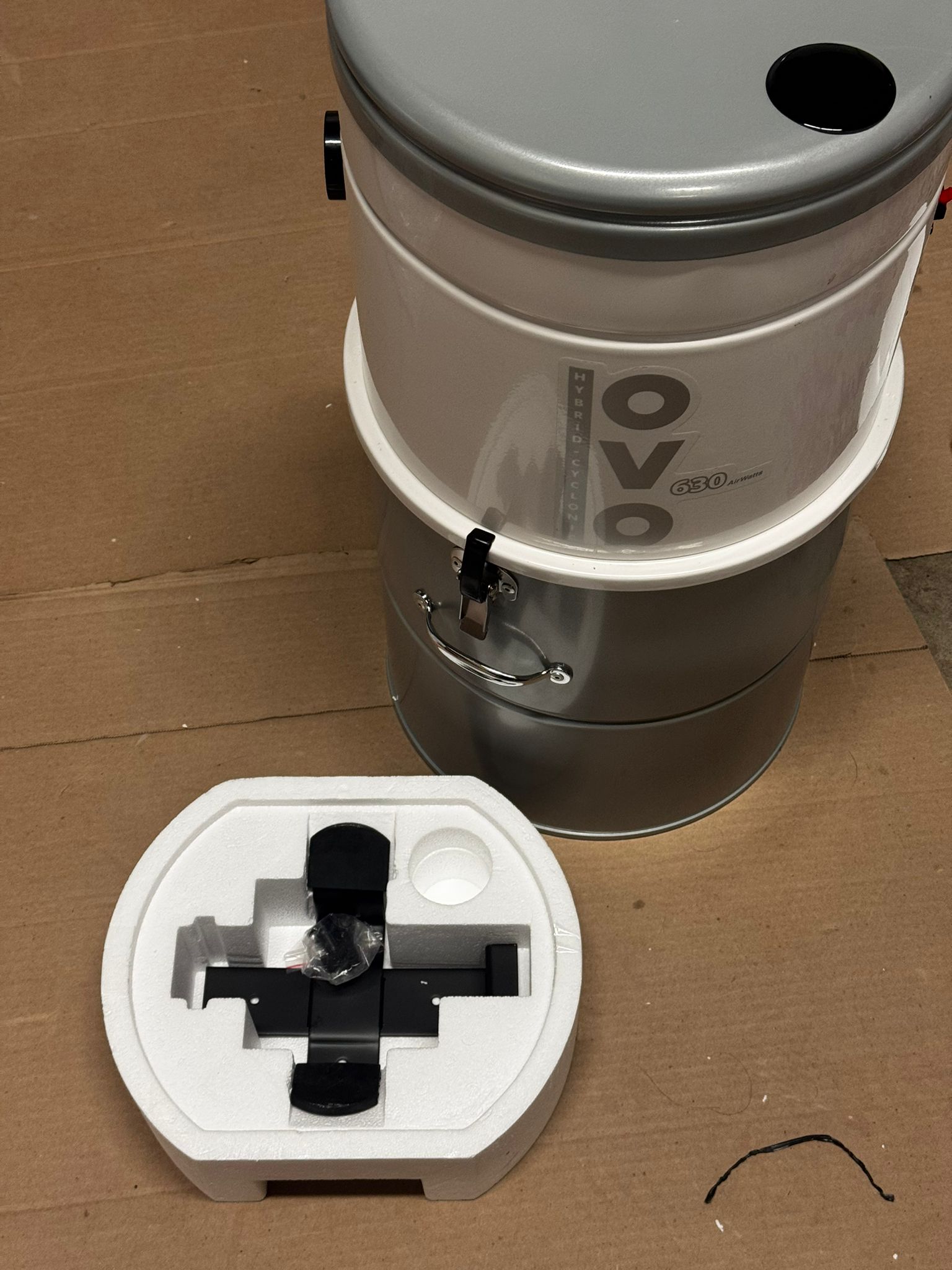 OVO central vacuum system with hybrid filtration and 6.6 gallon steel canister