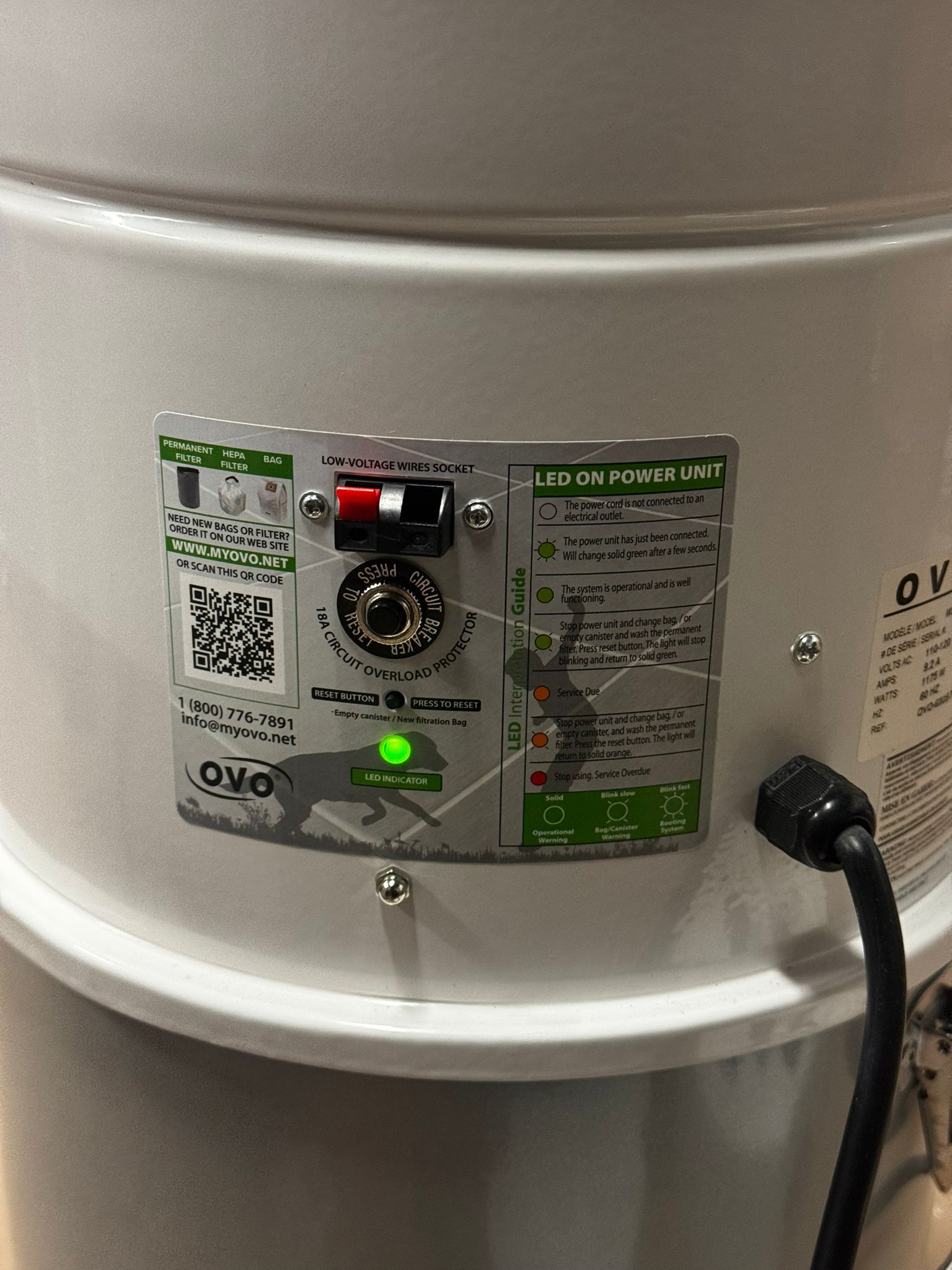 OVO central vacuum system with hybrid filtration and 6.6 gallon steel canister