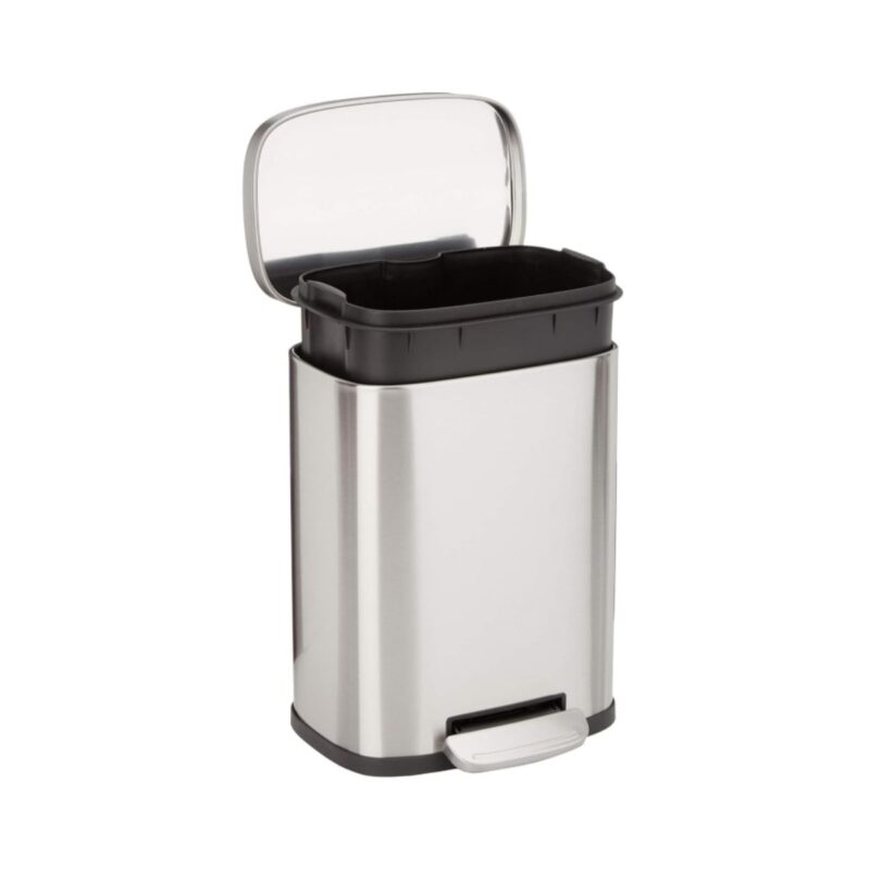 Amazon Basics small rectangular trash can in satin nickel finish with soft-close foot pedal