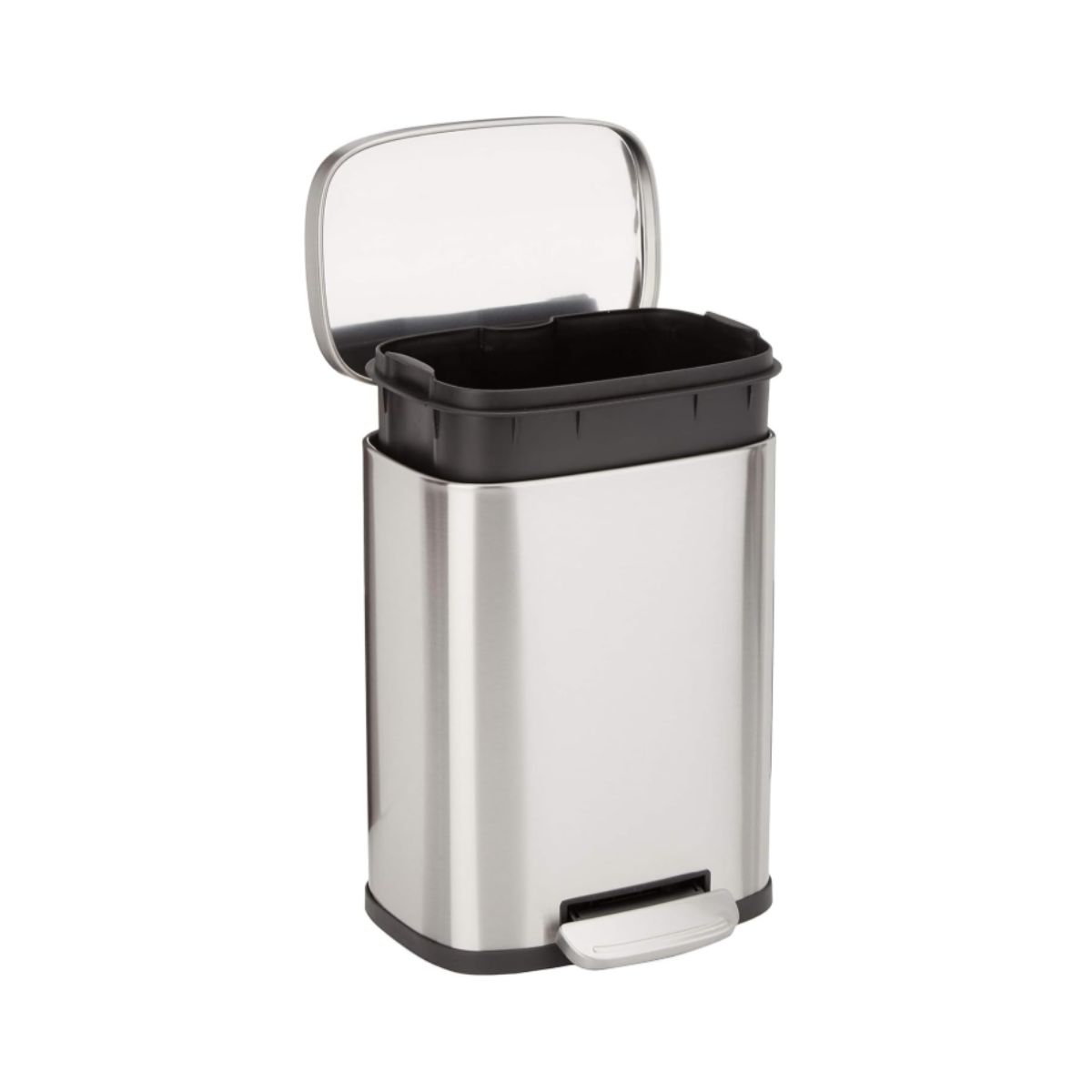 Small Rectangular Trash Can - Amazon Basics Satin Nickel Amazon Basics small rectangular trash can in satin nickel finish with soft-close foot pedal
